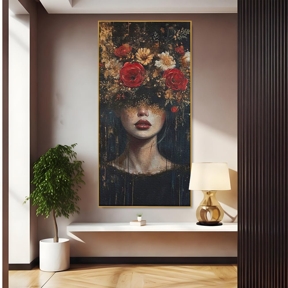 Tablou canvas cu tablou canvas cu portret de femeie si trandafiri rosii, in rama de aluminiu auriu